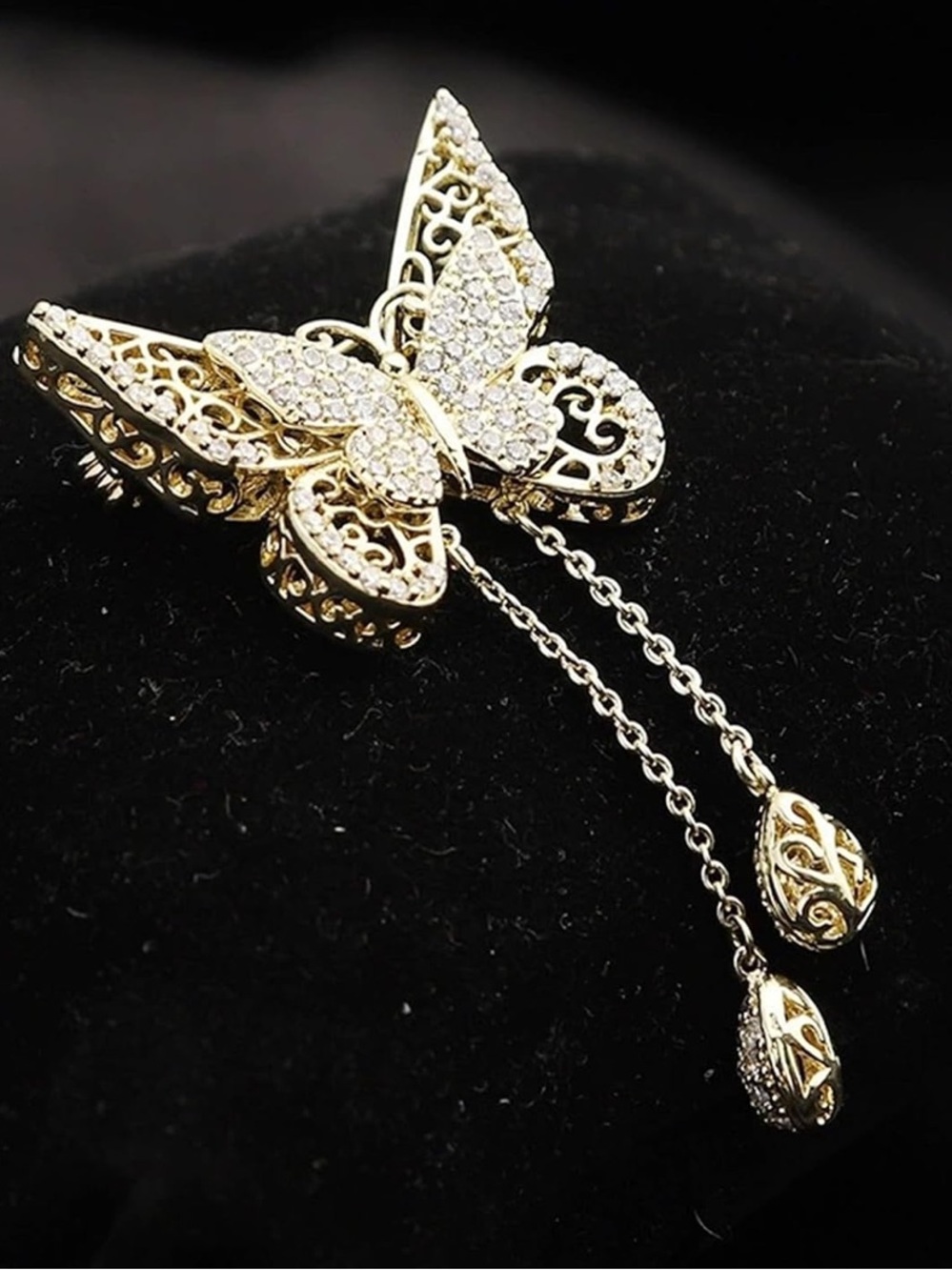 Anthropologie Gold Tone Butterfly Dangle Brooch with Clear Crystals
